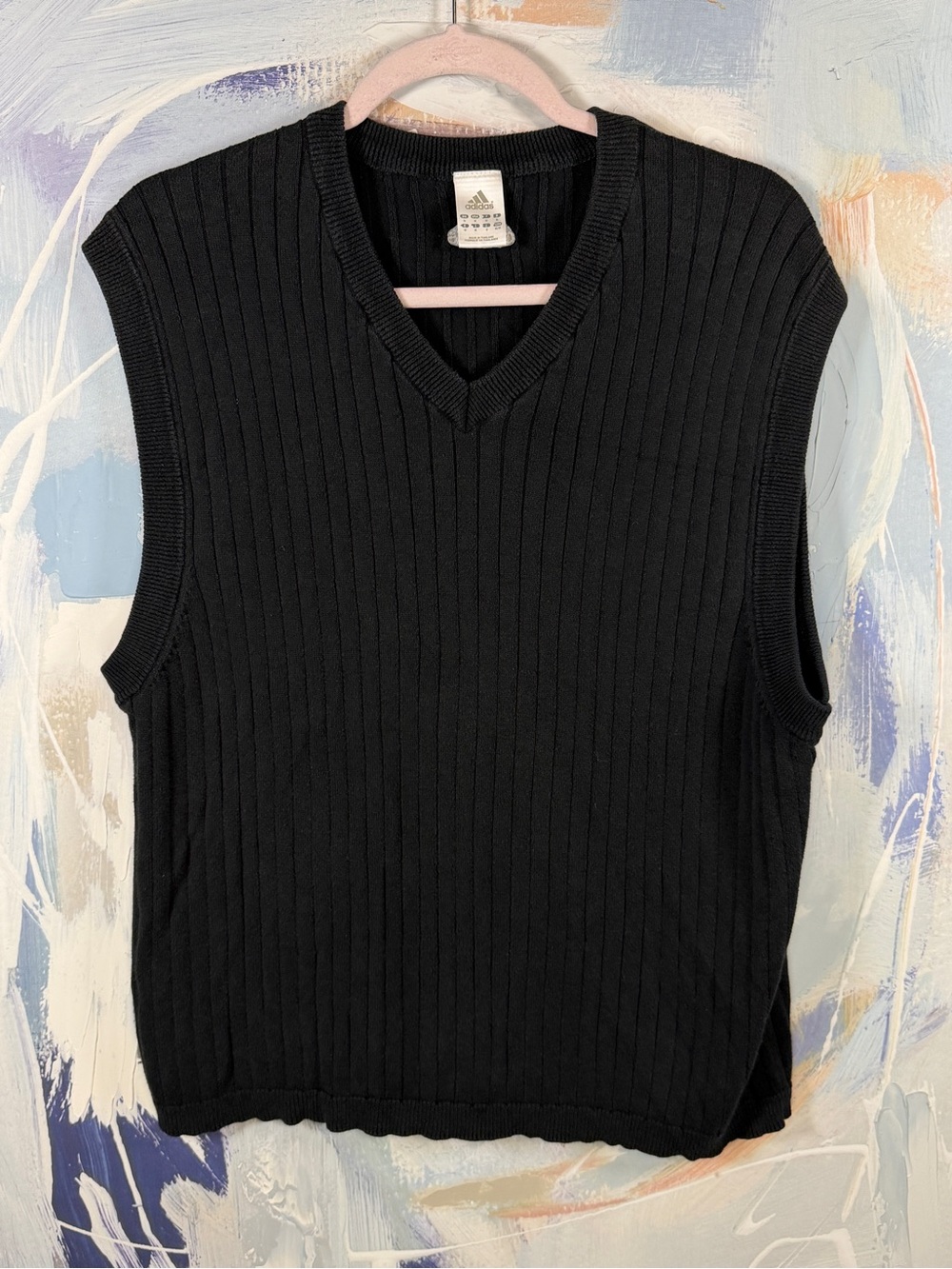 Vintage adidas Ribbed V Neck Sweater Vest Black Knit Sleeveless Pullover M